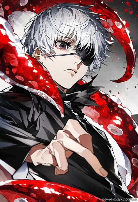 ```
Ken Kaneki, Tokyo Ghoul, white hair, black outfit, eyepatch, half-ghoul, serious expression, red kakugan eye, kagune tentacles, detailed face, high quality

```