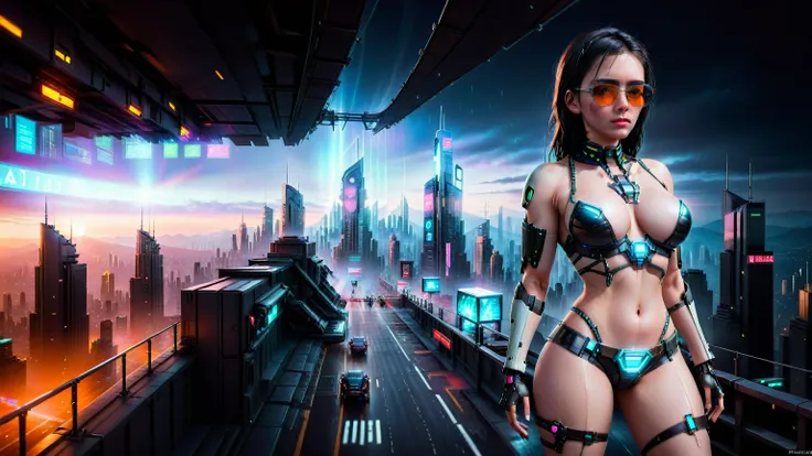 (((aerial view))) of a sprawling Cyberpunk cityscape, (((all-glass))) towering skyscrapers, a lot of neon lights and holographic billboards, futuristic, high-tech and grunge elements, 1drone, high-resolution OLED GUI interfaces in the building, the (((open...