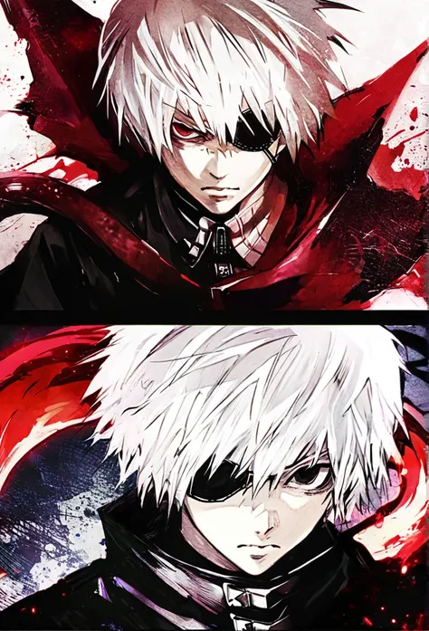 ```
Ken Kaneki, Tokyo Ghoul, white hair, black outfit, eyepatch, half-ghoul, serious expression, red kakugan eye, kagune tentacles, detailed face, high quality

```