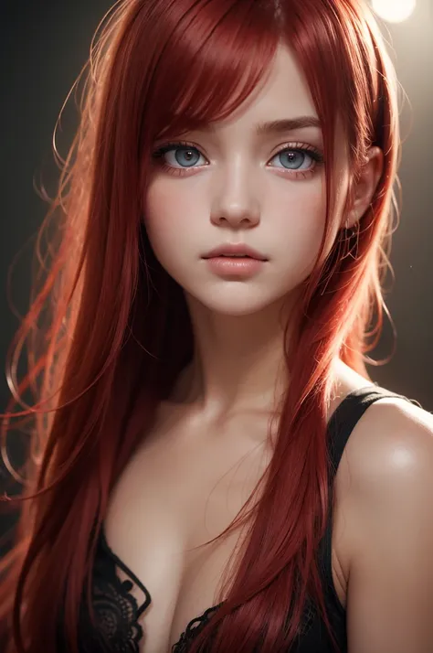 1 girl, star eye, blush, perfect lighting, Red hair, Eyes red, engine unreal, side lighting, face detailed, bangss, shining skin, simple background, darkness background, In the 2000s, hippy