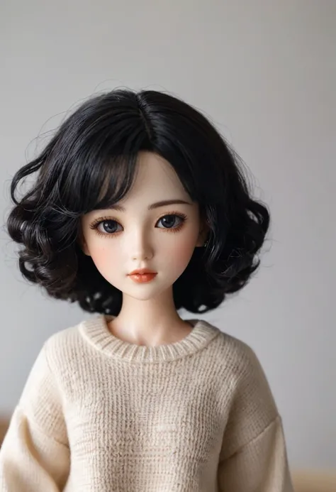 a close up of a doll with a curly hair and a sweater, curly black hair | d & d, short curly black haired girl, curly black, black curly hair, long fluffy curly black hair, long fluffy black curly hair, pale skin curly black hair, curly black hair, very ver...