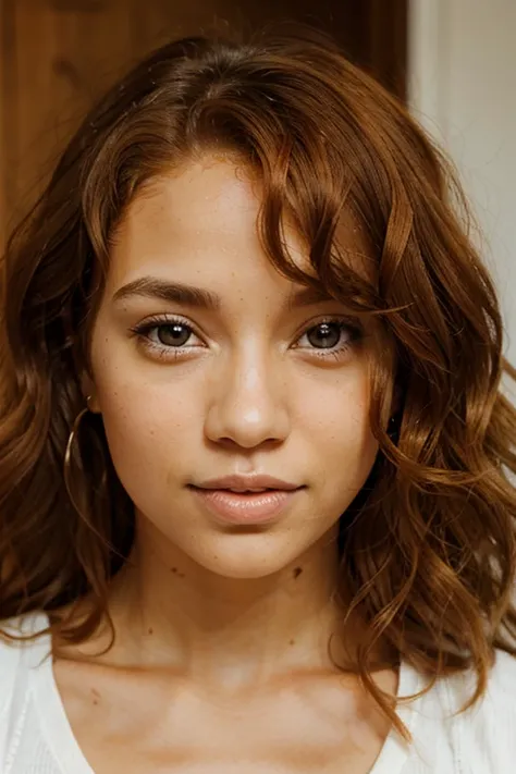 Light skin biracial woman with wavy ginger hair and light brown eyes