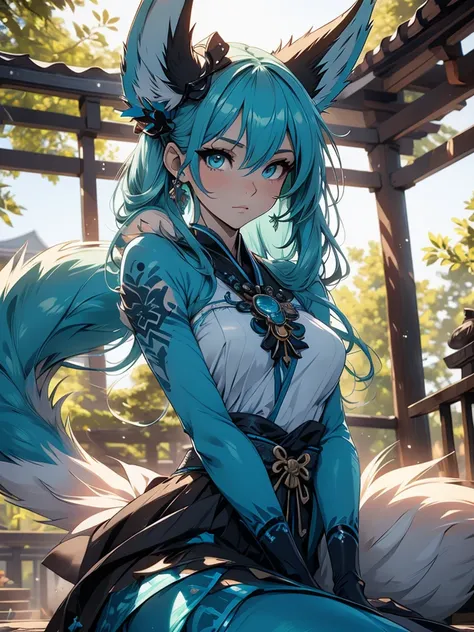 the best quality ((masterpiece)) high definition miku hatsune x vixen high definition add_detail:1, blue fur,kitsune ears, triba...