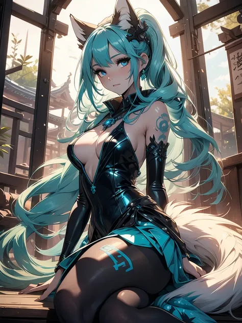  The best quality ((Masterpiece)) high definition Miku Hatsune x vixen high definition add_detail:1, blue fur,kitsune ears, tribal tattoo add_detail:1, pretty girl add_detail:1, feudal priestess clothing add_detail:1, japanese shrine landscape add_detail:1...