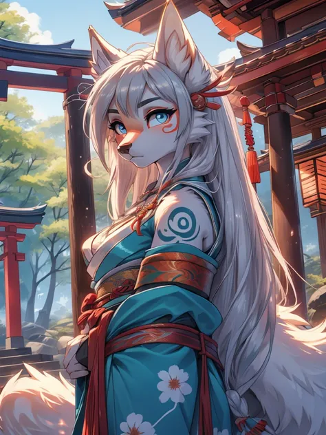 Amaterasu okami high definition add_detail:1, blue fur,kitsune ears, tribal tattoo add_detail:1, pretty girl add_detail:1, feudal priestess clothing add_detail:1, japanese shrine landscape add_detail:1, japanese shrine costume add_detail:1, add_detail:1, f...