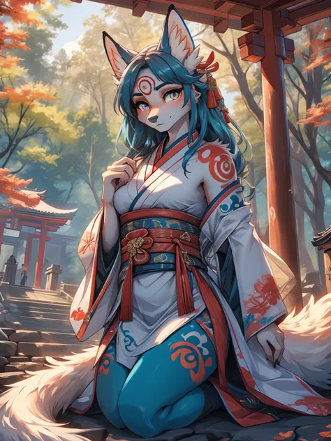 Amaterasu okami high definition add_detail:1, blue fur,kitsune ears, tribal tattoo add_detail:1, pretty girl add_detail:1, feudal priestess clothing add_detail:1, japanese shrine landscape add_detail:1, japanese shrine costume add_detail:1, add_detail:1, f...