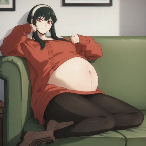 looking at viewer, solo, YorForger,1girl,((huge belly)),black hair,red eyes,short hair with long locks, white hairband, off shoulder,red sweater, black pantyhose, boots, ((slumped)), ((on a sofa)),