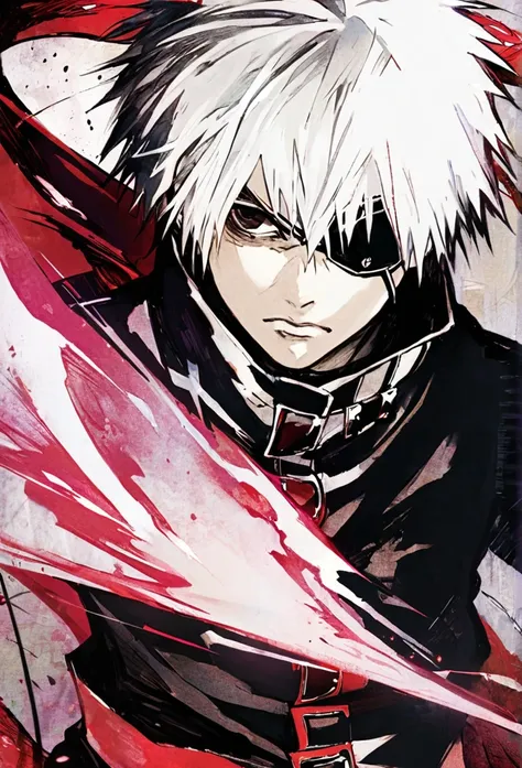 ```
Ken Kaneki, Tokyo Ghoul, white hair, black outfit, eyepatch, half-ghoul, serious expression, red kakugan eye, kagune tentacles, detailed face, high quality

```