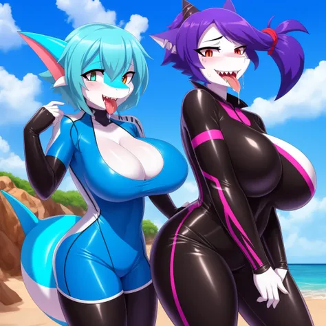 Shark girl, very sexy, big breasts, Wearing a short white sports shirt and shorts, Stick out your tongue and drool., Sweating, Wet suit