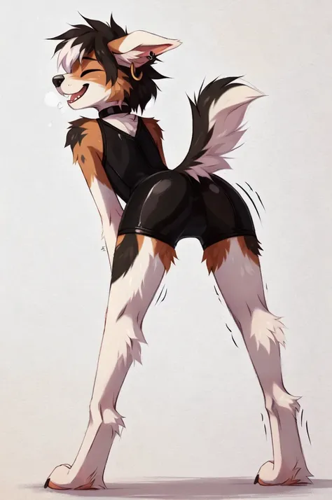 Color pencil sketch, No background, white background, ((by reysi)), Furry, solo, ((Australian Shepard)), detailed fur, ((teen)), ((male)), ((full body)), ((digitigrade legs, knees buckling, shaking motion lines)), ((slender, skinny)), white hair, nervous s...