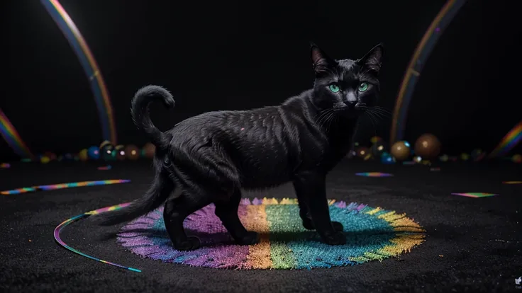 A surreal black and white cat resides within the vibrant, kaleidoscopic landscape of Rainbow Land. The cat, with its sleek, glossy coat, exhibits a contrast against the colorful environment. Its eyes, filled with curiosity, shine brightly as if reflecting ...