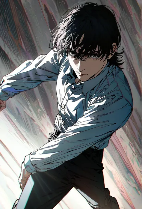 ```
Yoshida Hirofumi from Chainsaw Man, highly detailed, anime style, black hair, wearing a , serious expression, standing pose, dynamic lighting, intricate background、High quality、masterpiece

```