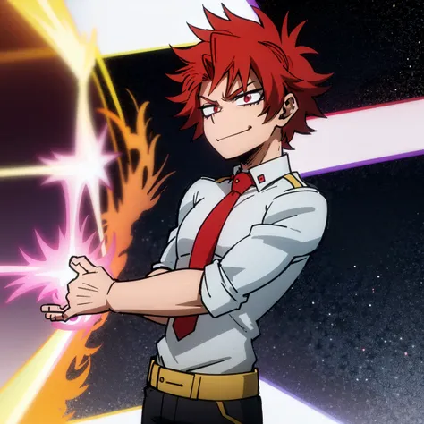 1boy, male focus, solo, muscular body, short hair, curly hair, red hair, golden streaks, magenta eyes, smirk, gray jacket, red tie, white shirt, teal pants, mlpsonata, MHA Style, Manhwa style, anime style, perfect eyes, perfect face, model face, boy