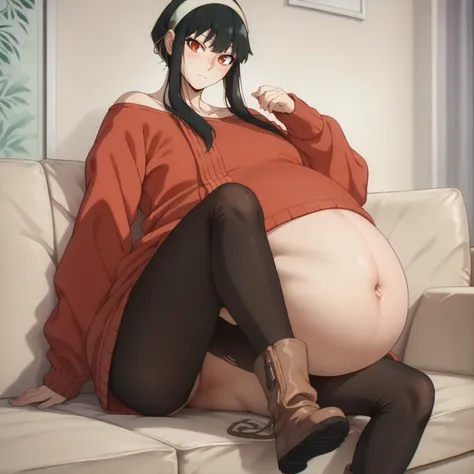 looking at viewer, solo, YorForger,1girl,((huge belly)),((no panties)),black hair,red eyes,short hair with long locks, white hairband, off shoulder,red sweater, black pantyhose, boots, ((slumped)), ((on a sofa)),