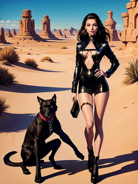 A airbrushed digital illustration, stunningly, fashionable, of a  model, fashionista style, trap luxury wear, illustration, painting, fashion, fullbody, in a desert with panters blacks