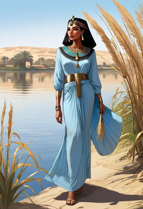 A black Egyptian princess from anciant egypt, walking beside the Nile River, a modest long-sleeve dress, light blue dress, many reeds
