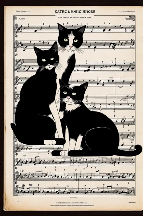 Cats and musical notes, black and white sheet music