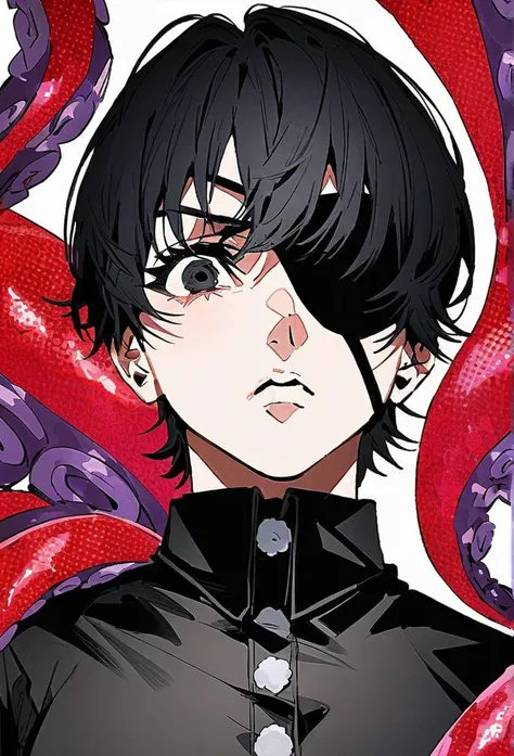 ```
Hirofumi Yoshida Chainsaw Man、black hair, black outfit, eyepatch, half-ghoul, serious expression, , kagune tentacles, detailed face, high quality listless face
```