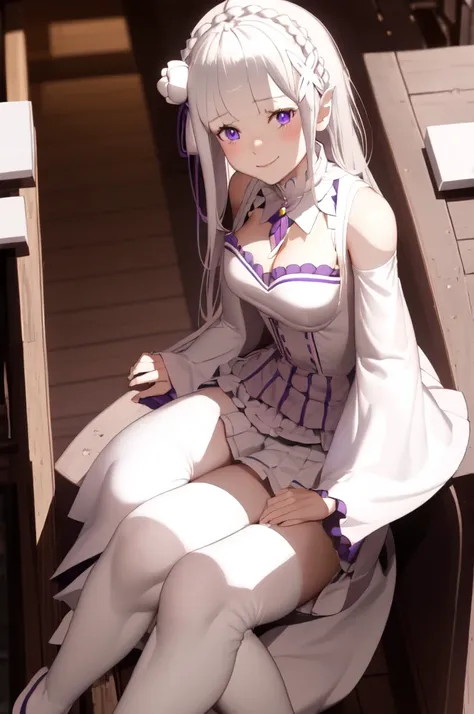 masterpiece, 1girl, Emilia, blunt bangs, long hair, crown braid,
white dress, detached collar, wide sleeves, x hair ornament, hair flower, hair ribbon, white thigh boots, cleavage, purple frills, pleated_white_skirt
sitting on bench, garden, arms at sides,...