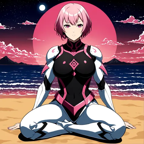 Full body image, woman, muscular body, short white curvy hair, sit pose, armor demoniac, black and pink, night and beach background , shining pink, persona 3 style, Japanese writing on the edges with Shangri-La written on the top.