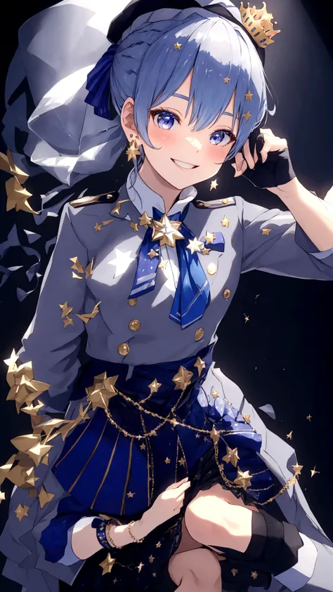 Mizunari Base, plaimorality beret, crown, Blue star necklace, star earrings, Blue Ascot, plaimorality jacket, plaimorality skirt, layeremorality skirt, Partial fingerless gloves, Star bracelet, Uneven Leg Clothing, Thigh straps, on stage, spotlight, hanmor...