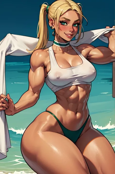 a small chested girl with muscular body,faint six pack,wide hips,thick thighs,blonde hair,green eyes,plain background,ear piercings,smiling,heavy blush,pigtails,towel around chest