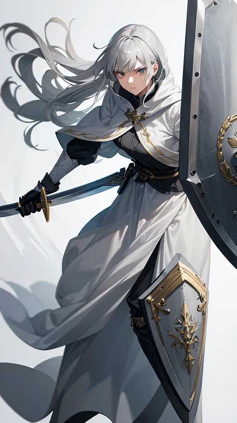 (gray hair,):1.2, combat stance, ,cape,(holding a sword:1.4),(hold a shield:1.35), dynamic angle, dynamic posture, female swords...