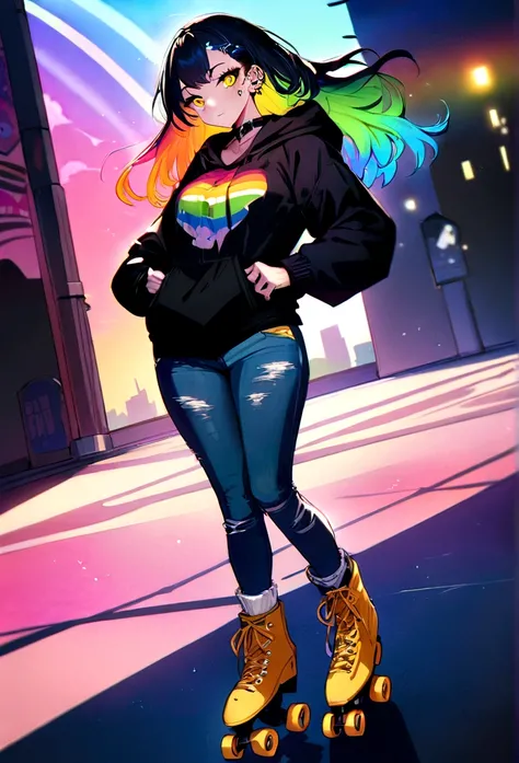 The Most Beautiful and Sexy Girl on Roller Skates, rainbow colored hair, yellow  eyes, wear a hoodie, graphic tee, Ripped skinny jeans and highly detailed roller skating gear, tons of tattoos and piercings, very detailed background, Perfect masterpiece, hi...