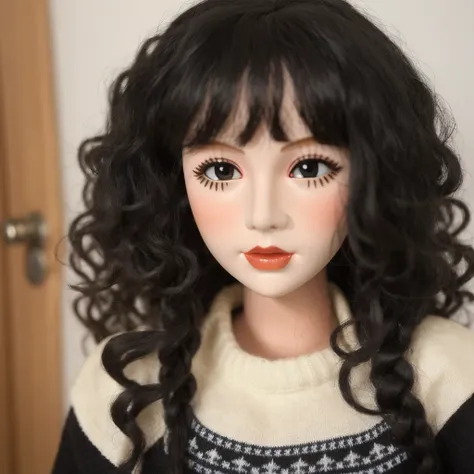 a close up of a doll with a curly hair and a sweater, curly black hair | d & d, short curly black haired girl, curly black, black curly hair, long fluffy curly black hair, long fluffy black curly hair, pale skin curly black hair, curly black hair, very ver...