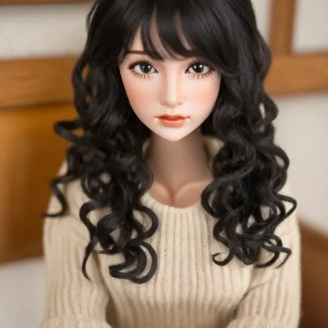 a close up of a doll with a curly hair and a sweater, curly black hair | d & d, short curly black haired girl, curly black, black curly hair, long fluffy curly black hair, long fluffy black curly hair, pale skin curly black hair, curly black hair, very ver...