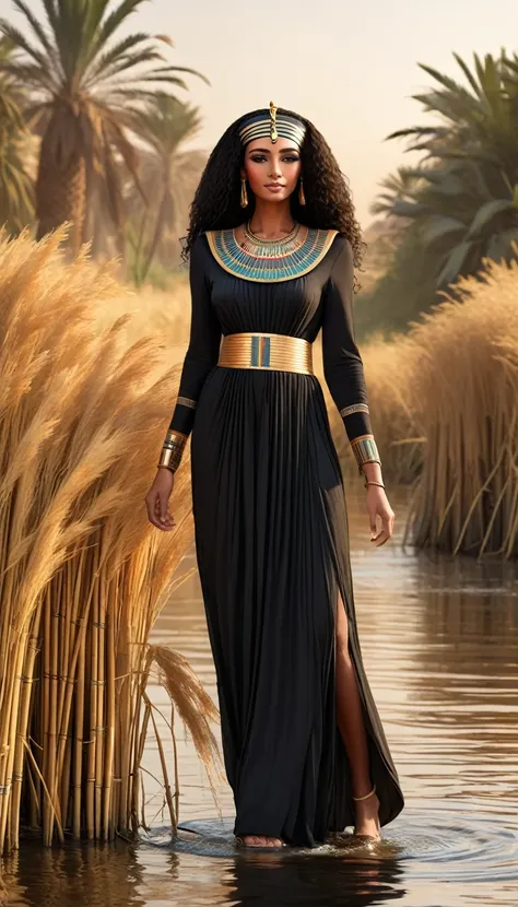 A black Egyptian princess from anciant egypt, walking beside the Nile River, a modest long-sleeve dress, many reeds
