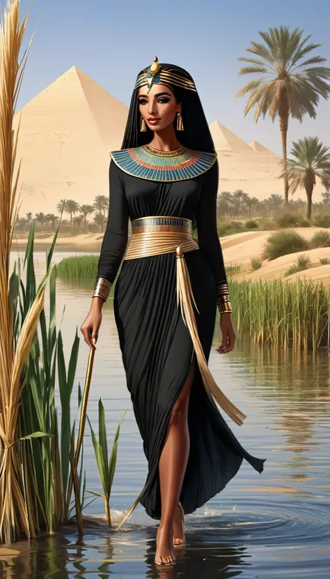 A black Egyptian princess from anciant egypt, walking beside the Nile River, a modest long-sleeve dress, many reeds
