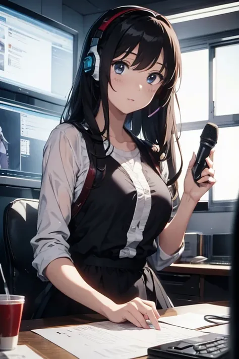 anime style, super fine illustration, highly detailed, dynamic angle, beautiful detailed, 8K, At night, in a dark room, Blake. A woman sits in front of her computer, unable to sleep. BREAK She is wearing a headset with a microphone and holding a video game...