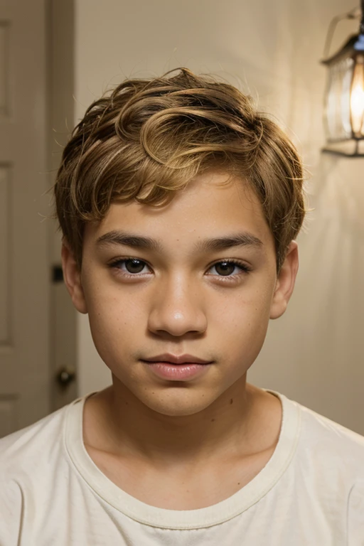 Light skin biracial boy with light blond wavy short hair and light brown eyes