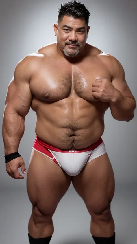 black hair, middle-aged man, individual, male, Muscular wrestler, muscular, Stout wrestler, Asian, Japanese, uncle, 55 year old middle-aged man, short hair, short hair, red wrestling boots, full body portrait, shadow, Vision, red briefs, obesity, 45 years ...