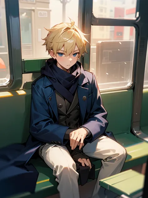 A boy sitting on a subway bench, with blonde hair, wearing a navy blue overcoat, wearing a scarf, and outside the window it&#39;s snowing