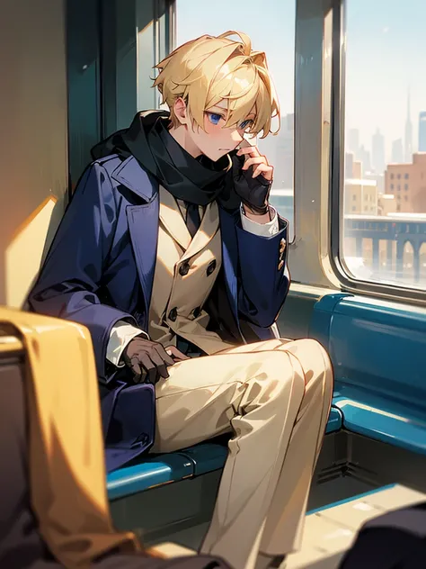 A boy sitting on a subway bench, with blonde hair, wearing a navy blue overcoat, wearing a scarf, and outside the window it&#39;s snowing