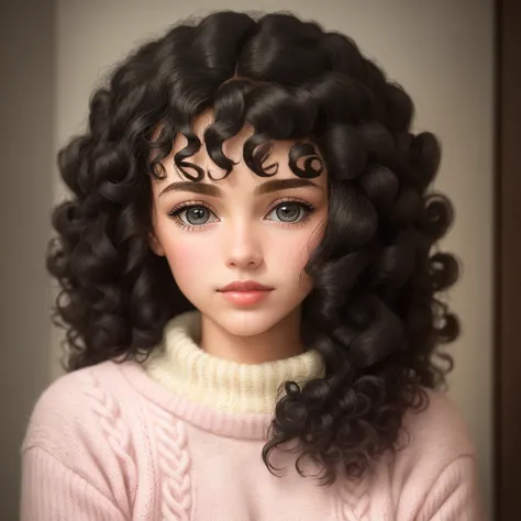 a close up of a doll with a curly hair and a sweater, a pastel inspired by David Gilmour Blythe, tumblr, fine art, curly black hair | d & d, short curly black haired girl, curly black, black curly hair, long fluffy curly black hair, long fluffy black curly...