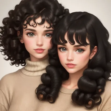 a close up of a doll with a curly hair and a sweater, a pastel inspired by David Gilmour Blythe, tumblr, fine art, curly black hair | d & d, short curly black haired girl, curly black, black curly hair, long fluffy curly black hair, long fluffy black curly...