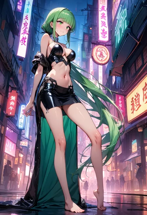 ((masterpiece,Highest quality:1.3)),1woman,30 year old beauty,独奏,((very small head:1.3)),green hair,(low ponytail),long hair,blunt bangs,green eyes,gorgeous eyes,shy,drooling,medium breasts,((very long body:1.2)),((toned body,slender body,skinny)),gleaming...