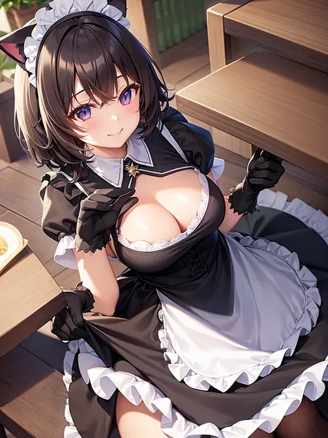 woman,Bob Hair,smile,Large Breasts,Maid clothes,Short sleeve,I can see the valley.Cute black gloves,Cat ears headband,Wear tights,Dark brown hair,Large Breasts,maid Cafe
