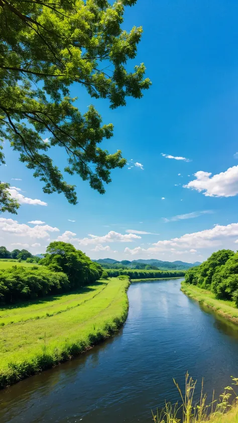 river、countryside、blue sky、Style