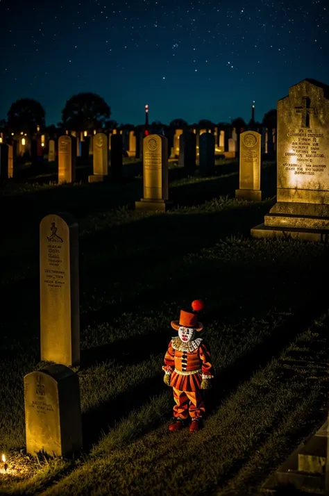 Terrific clown in a cemetery at night 
