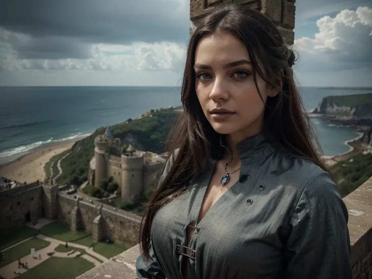 A medieval castle on a cliff overlooking the sea, 1 girl in a long dress standing on the castle walls, dramatic cloudy sky, detailed architecture, (best quality,4k,8k,highres,masterpiece:1.2),ultra-detailed,(realistic,photorealistic,photo-realistic:1.37),c...