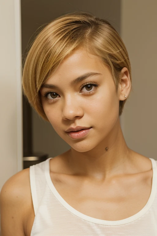 Light skin biracial girl with golden blond short hair and light brown eyes