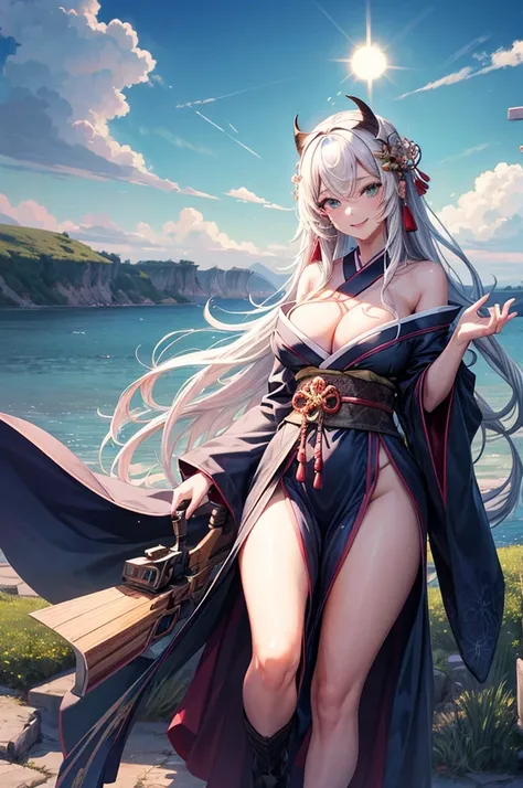 official art, masterpiece, sharp focus, (beautiful, gorgeous, Cute Japanese woman:1.3), (beautiful Cute Japanese woman:1.3), character Mitsuri Kanroji, demon cleaving blade, Delicate and beautiful hair, realistic, ultra detailed, Beautiful girl, blue sky, ...