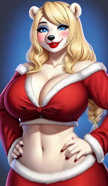 Blonde polar bear woman, wearing a Santa dress, perfect face, blue eyes, blue eyeshadow, big breasts, cleavage, three-quarter view, solo, smile, perfect detailed body, red lipstick, midriff, hands on hips, blushing