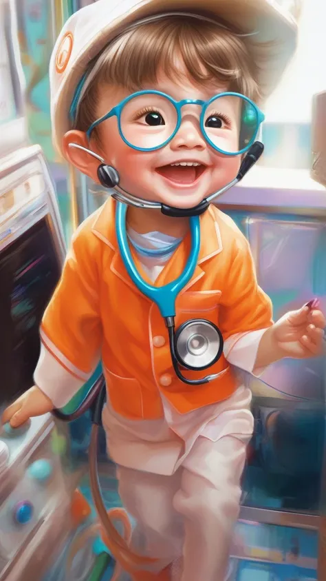 a kid dressed as a doctor, cute  doctor, pediatrician, medical uniform, stethoscope, healthcare, smiling , happy expression, whimsical, imaginative, vibrant colors, playful, fantasy, digital painting, 8k, award winning illustration, highly detailed, cinema...