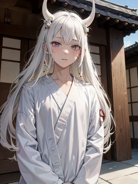 Dough Ötsutsuki, male son of Kaguya Ōtsutsuki , albino, long white hair, pearl eyes, two small horns on the forehead, short left side bangs 