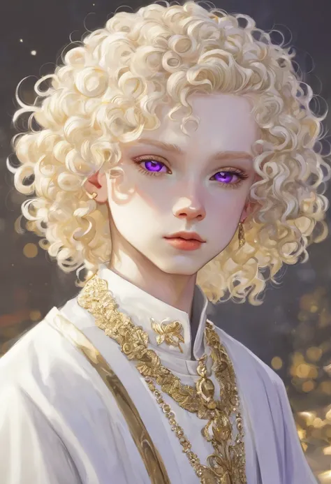 Boy , blonde short curly hair , gray and purple eyes, albinos , pale skin , white clothes, gold accessories 